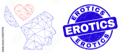Web mesh favourites open mind icon and Erotics seal stamp. Blue vector rounded distress seal stamp with Erotics message.