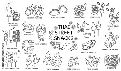 Hand draw doodle line art of Thai Street Snacks icon set. grilled pork, satay, crepes, coconut pancake, Miang Kham, grilled squid, fried bananas, fried quail eggs, sweet roti, mango sticky rice, BBQ 