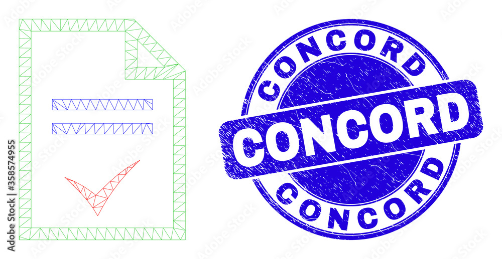 Web carcass agreement page icon and Concord seal stamp. Blue vector rounded distress seal stamp with Concord title. Abstract frame mesh polygonal model created from agreement page icon.