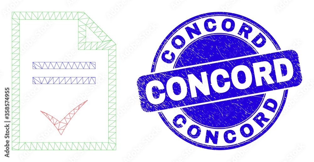 Obraz premium Web carcass agreement page icon and Concord seal stamp. Blue vector rounded distress seal stamp with Concord title. Abstract frame mesh polygonal model created from agreement page icon.