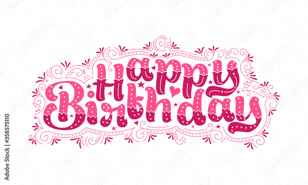 Happy Birthday beautiful lettering design with dots, lines, and leaves.
