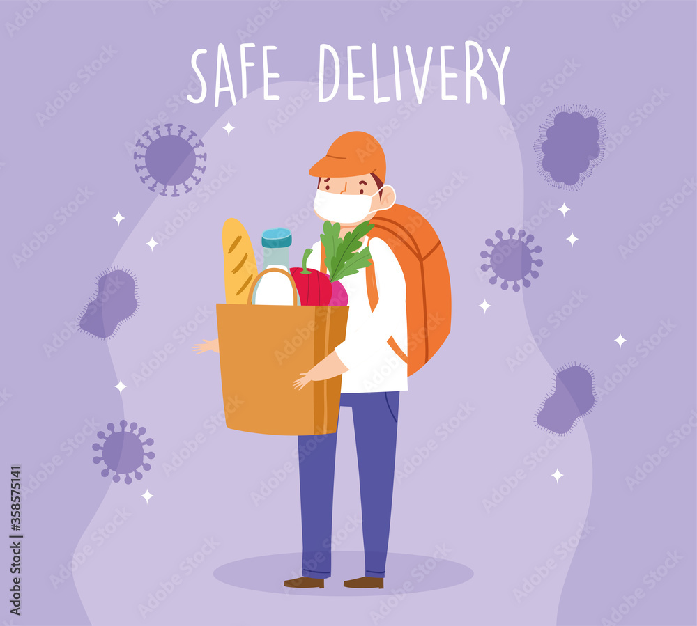 safe delivery at home during coronavirus covid-19, courier man with medical mask backpack and grocery paper bag