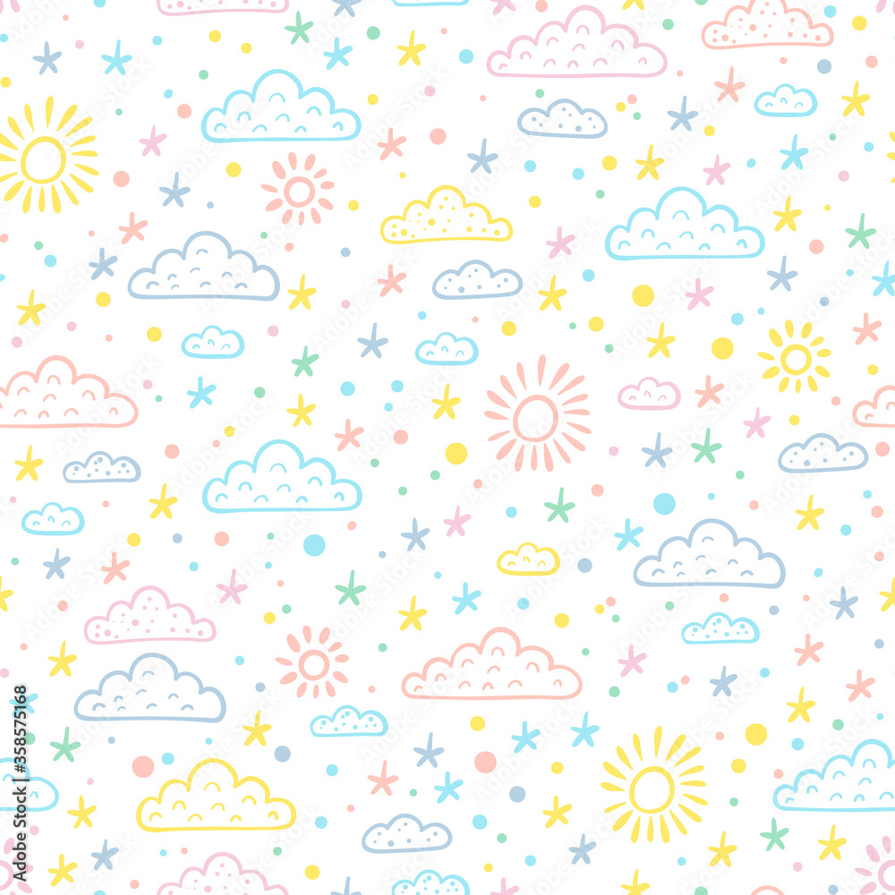 Weather background. Sky Seamless pattern with doodle Clouds, Stars and Sun. Cute Wallpaper for kids. Baby Shower design Vector illustration
