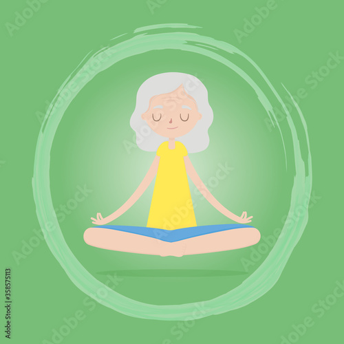 Elderly woman in the Lotus position. Yoga class. Woman doing yoga. Healthy lifestyle. Flat cartoon style vector illustration on green background. 