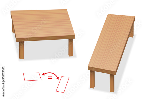Optical illusion - two tables with exactly the same size of tabletop - relative size perception. The two wooden surfaces seam to be different.
