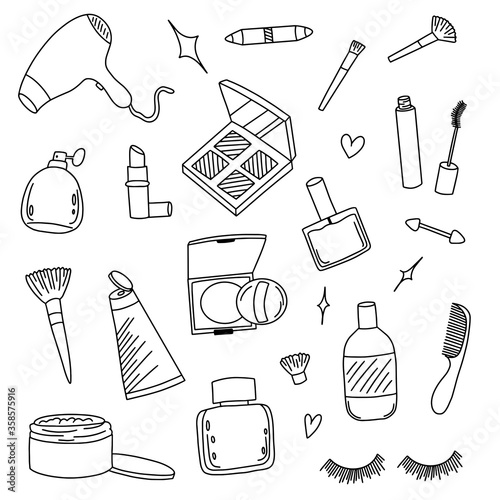 Hand drawn Make up Cosmetics doodle elements. Cosmetic doodles isolated vector illustrations on a white background. Cosmetics and makeup seamless pattern.