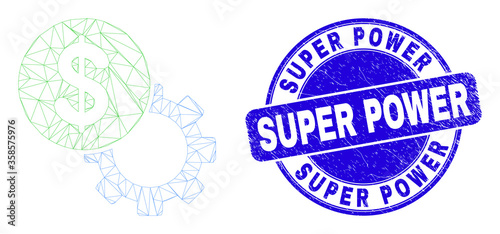 Web mesh dollar setup gear icon and Super Power seal stamp. Blue vector round textured seal stamp with Super Power title. Abstract carcass mesh polygonal model created from dollar setup gear icon.