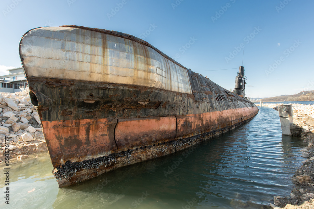 An abandoned, rusty old soviet union submarine in Bulgaria