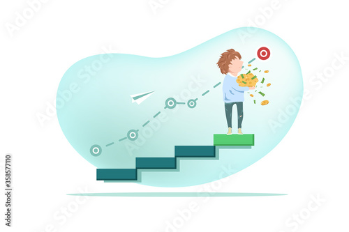 Young people with pile of money standing on bar chart, investment successful idea vector illustration