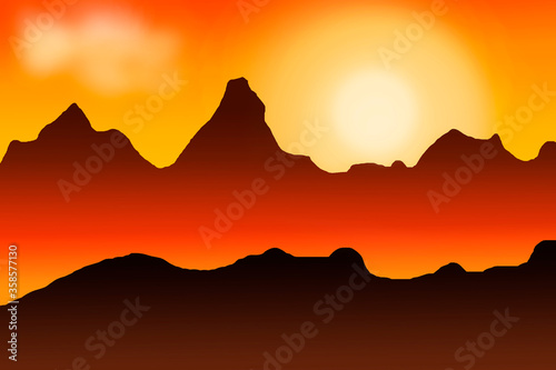 Landscape with sunset in the mountains. The silhouette of the mountains