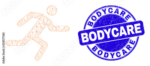 Web mesh running man pictogram and Bodycare seal. Blue vector round distress seal with Bodycare phrase. Abstract carcass mesh polygonal model created from running man pictogram.