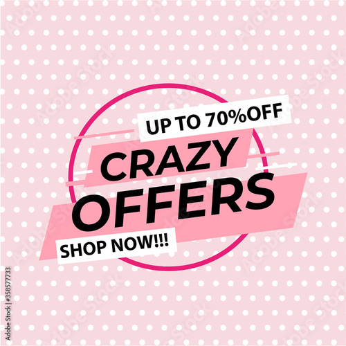 Pink dotted retro crazy sale 70% off discount banner, special offer label, Vector Modern Sticker Illustration, isolated vector design