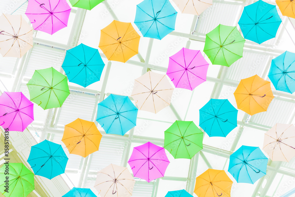 Colorful umbrellas displayed in shopping mall