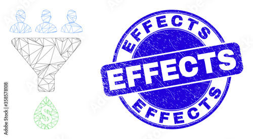Web carcass sales funnel icon and Effects seal stamp. Blue vector rounded textured seal with Effects title. Abstract carcass mesh polygonal model created from sales funnel icon.