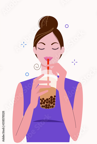 Young woman drinks bubble milk tea. Taiwanese popular and famous drink Boba with tapioca black pearls. Cartoon flat vector illustration isolated on white background.