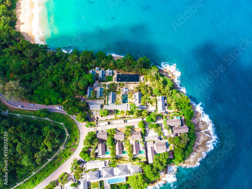 Canvas Print Modern resort hotel on mountain island sea beach turquoise water