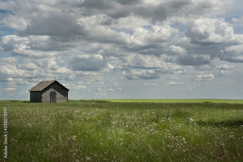 A landscape picture with old grain shed in a grass field on the Canadian Prairies as farmers seed their crops in Rockyview County.