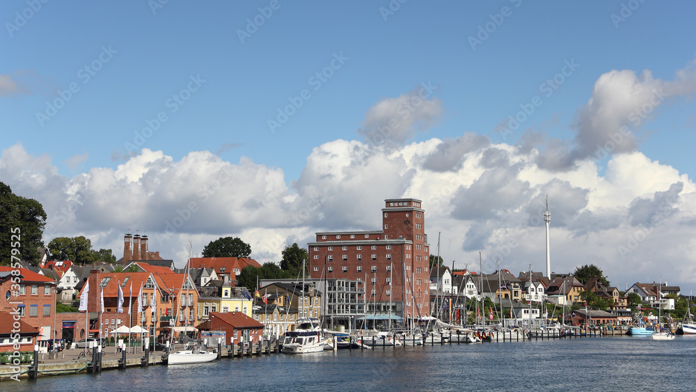 Waterside panorama of Kappeln with Pierspeicher hotel an harbour