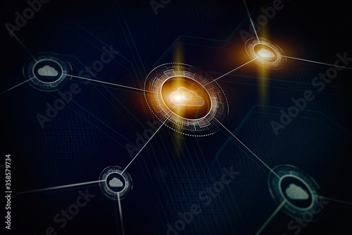 Cloud storage and cloud computing concept. Data processing technology glowing illustration background.