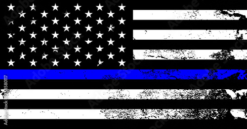 American flag with police support symbol, Thin blue line. American police in society as the force which holds back chaos, allowing order and civilization to thrive. Poster, card, banner, background