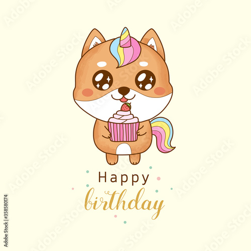 cute shiba inu unicorn holding a cupcake for happy birthday.dog cartoon hand drawn.
