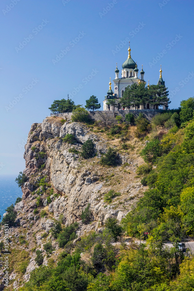 Temple in the clouds. Church Of The Resurrection. White temple. Temple on the rock. Crimea. Foros.