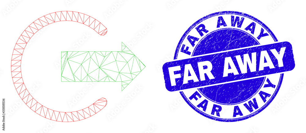 Web mesh logout pictogram and Far Away seal stamp. Blue vector round textured seal stamp with Far Away text. Abstract frame mesh polygonal model created from logout pictogram.