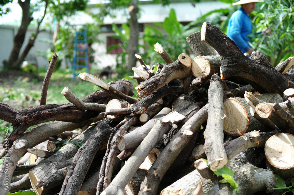 Obraz premium Closeup pile of firewood with blurred worker in background