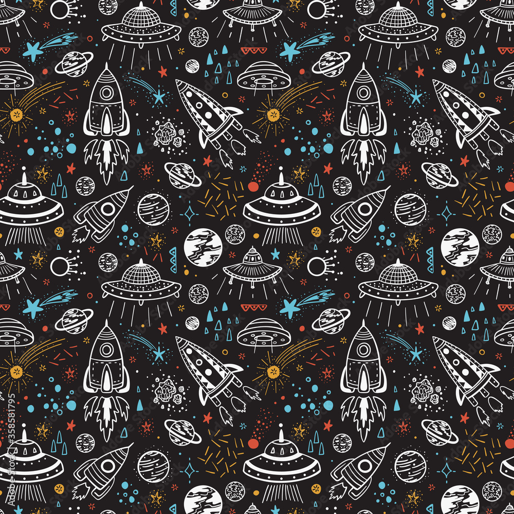 Naklejka premium Space Background for Kids. Vector Seamless Pattern of Hand drawn Doodle Cartoon Rockets, Planets, Stars, Comets and UFOs. 