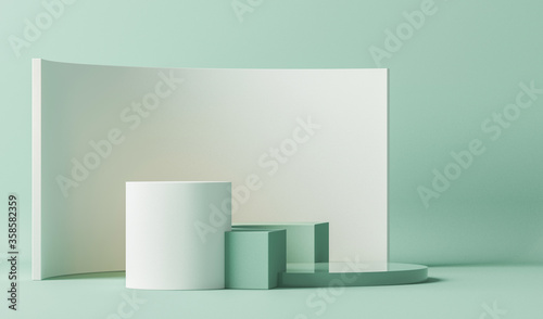 Minimal scene with podium and abstract background. Pastel blue and white colors scene. Trendy 3d render for social media banners  promotion  cosmetic product show. Geometric shapes interior. 