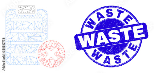 Web mesh delete report page pictogram and Waste seal stamp. Blue vector rounded scratched seal with Waste text. Abstract frame mesh polygonal model created from delete report page pictogram.