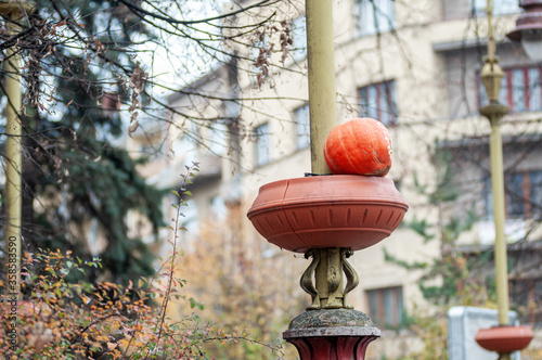 Pumpkin on a lantern stand in a park