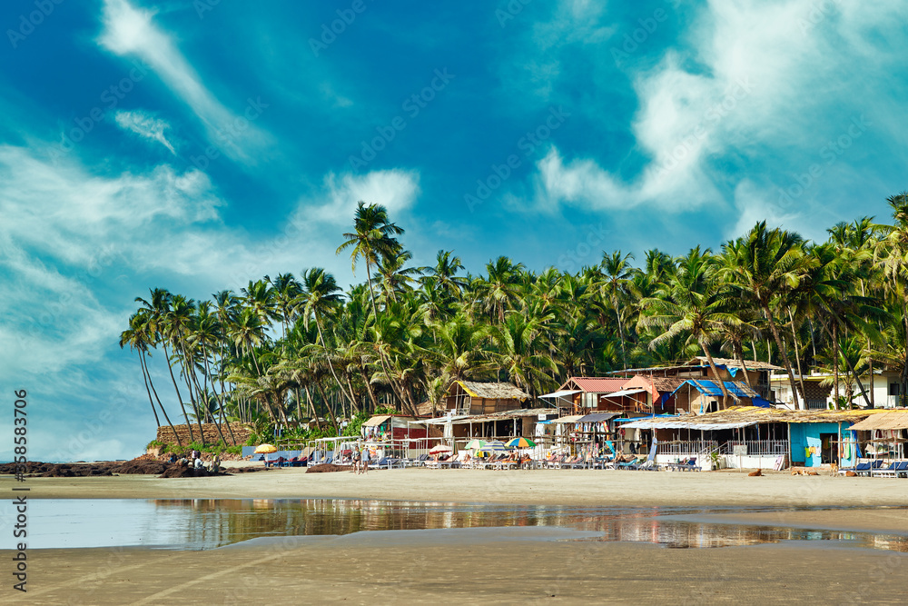 Beautiful tropical beach with palms in Goa - obrazy, fototapety, plakaty 