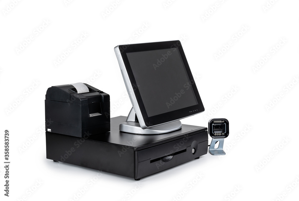 Point of sale touch screen system with thermal printer and cash drawer isolated on white Point of sale touch screen system with thermal printer and cash drawer isolated on white