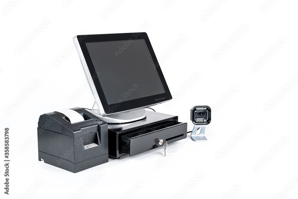 Ταπετσαρία Point of sale touch screen system with thermal printer and cash drawer isolated