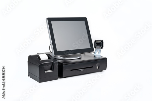 Point of sale touch screen system with thermal printer and cash drawer isolated on white photo