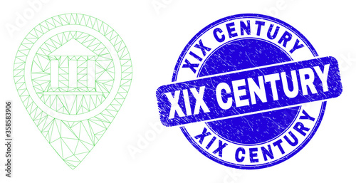 Web carcass museum map marker pictogram and XIX Century seal. Blue vector round distress seal with XIX Century text. Abstract carcass mesh polygonal model created from museum map marker pictogram.