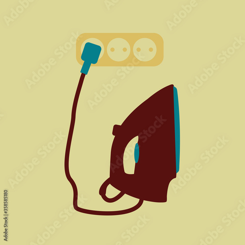 single & one clean vector iron plugged isolated standing on flat design Connected to the socket for ironing the clothes