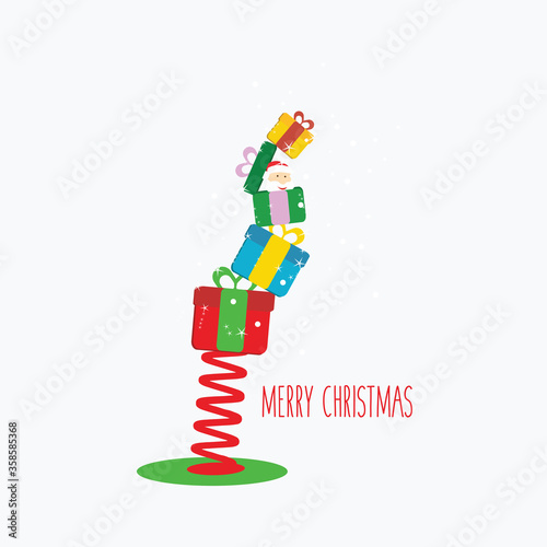 A colorful pile of presents or gifts vector isolated with a little santa claus cartoon with Snowflakes on a white flat design style background with text merry christmas like a pop up game for children