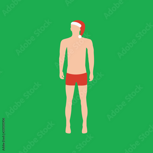 merry christmas card on a flat design green background & cartoon vector handsome man or white skinned male masked as santa claus isolated with hat & underpants