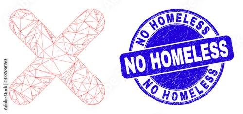 Web carcass x-cross icon and No Homeless seal stamp. Blue vector rounded textured stamp with No Homeless text. Abstract carcass mesh polygonal model created from x-cross icon.