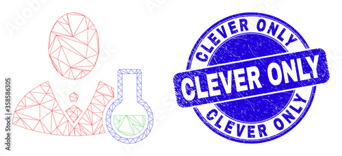 Web mesh chemical scientist pictogram and Clever Only seal stamp. Blue vector round grunge seal stamp with Clever Only text.