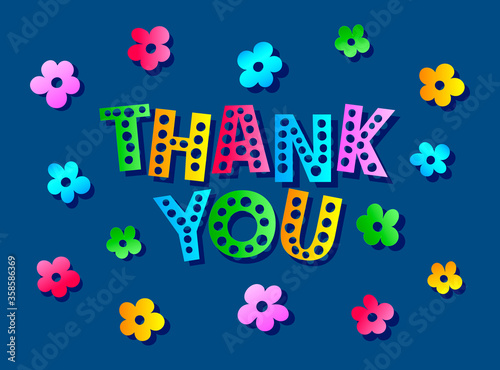 Colorful Thank you text with flowers on classic blue background