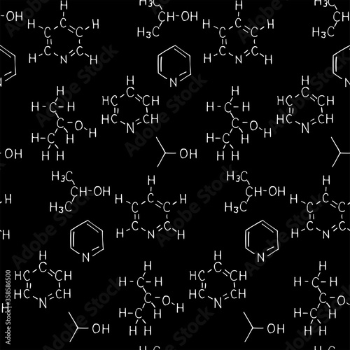 Chemical formula and outlines on blackboard. Vector hand drawn seamless pattern. Scientific  and education background. 