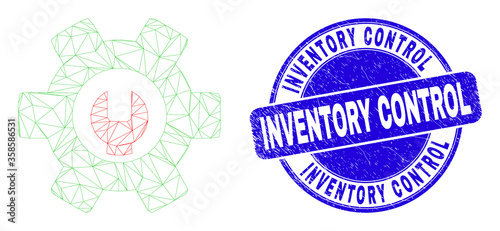 Web carcass repair options icon and Inventory Control seal. Blue vector rounded grunge seal with Inventory Control text. Abstract carcass mesh polygonal model created from repair options icon.