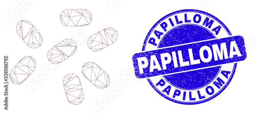 Web mesh microbes pictogram and Papilloma seal stamp. Blue vector rounded grunge seal with Papilloma caption. Abstract frame mesh polygonal model created from microbes icon.