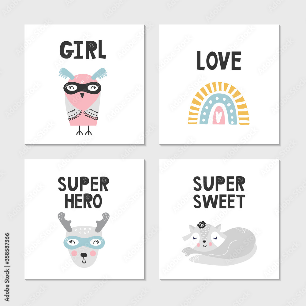 Set of children's posters with superhero characters, animals and lettering. Clip art collection, vector illustration. Set of children's posters with superhero characters, animals and lettering. Clip art collection, vector illustration.