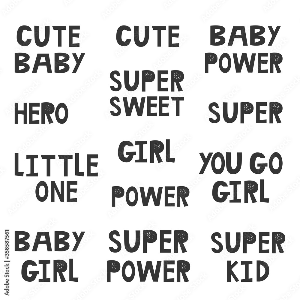 Obraz premium Collection of superhero black and white hand drawn lettering. Vector illustration set.
