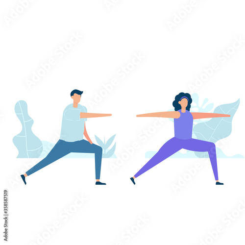 Character design of young couple practicing stretching together in nature with healthy lifestyle concept. Vector illustration in flat style