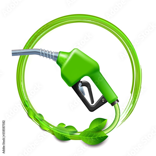Green Fuel handle pump nozzle and hose with green leaves.